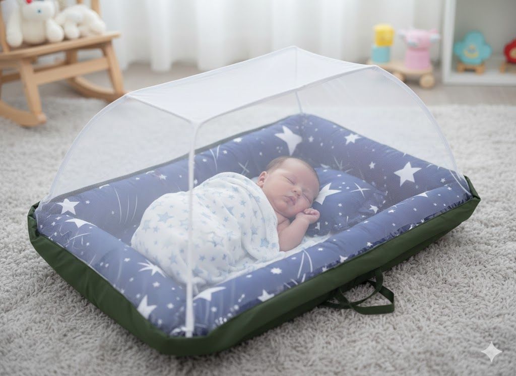 Baby Nest Co-sleeper With Removable Mosquito Net & Head Pillow | Soft Portable Baby Bed | Newborn Sleeping Nest | Infant Lounger for Travel & Home – Washable & Comfortable
