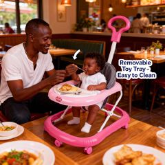 Momeasy 4-in-1 Baby Walker with Push Handle | Adjustable Height, Music & Activity Tray | Converts to Feeding Chair | Safe & Stable Infant Walker+FREE Batteries