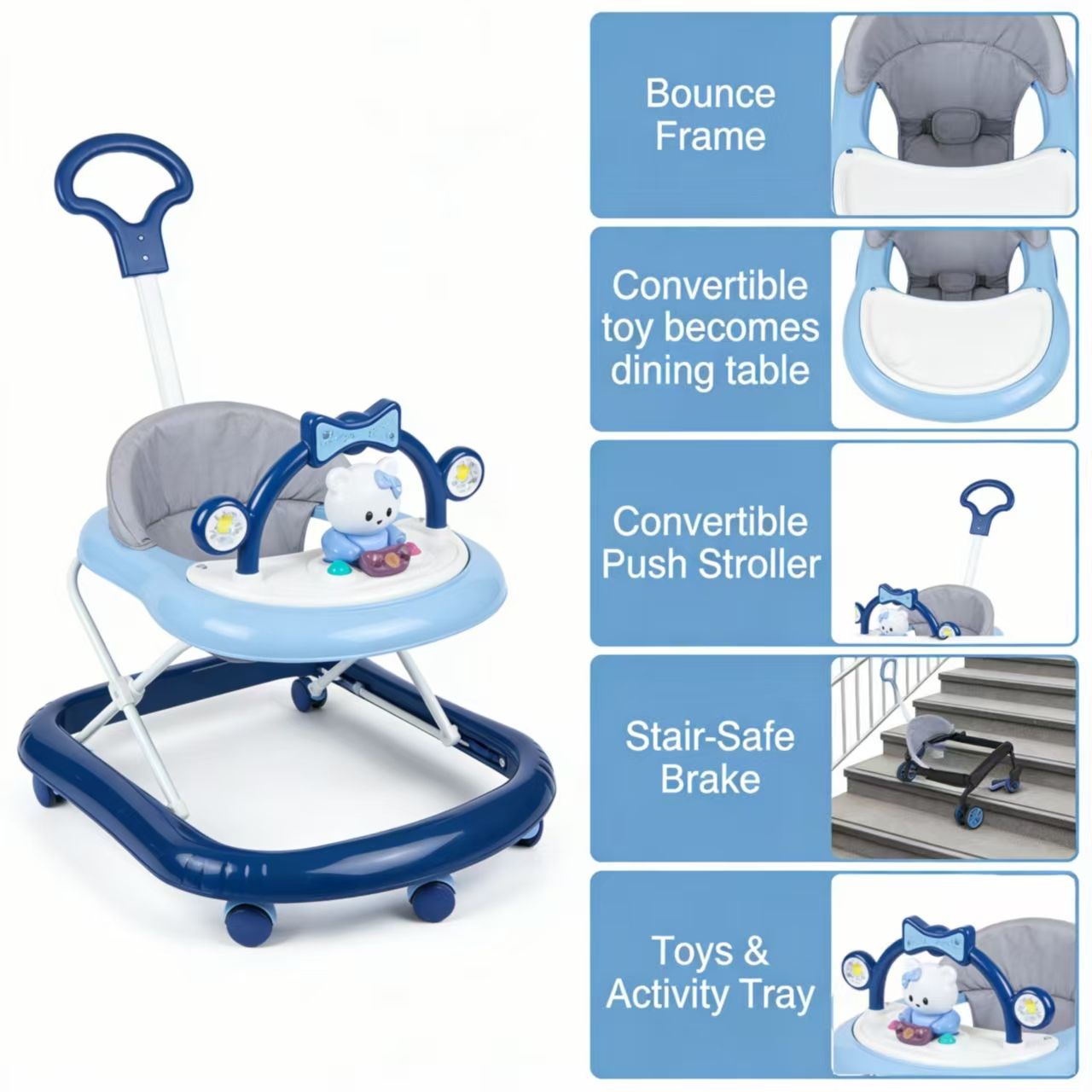 Momeasy 4-in-1 Baby Walker with Push Handle | Adjustable Height, Music & Activity Tray | Converts to Feeding Chair | Safe & Stable Infant Walker