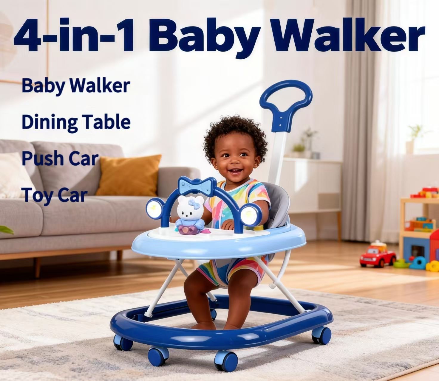 Momeasy 4-in-1 Baby Walker with Push Handle | Adjustable Height, Music & Activity Tray | Converts to Feeding Chair | Safe & Stable Infant Walker