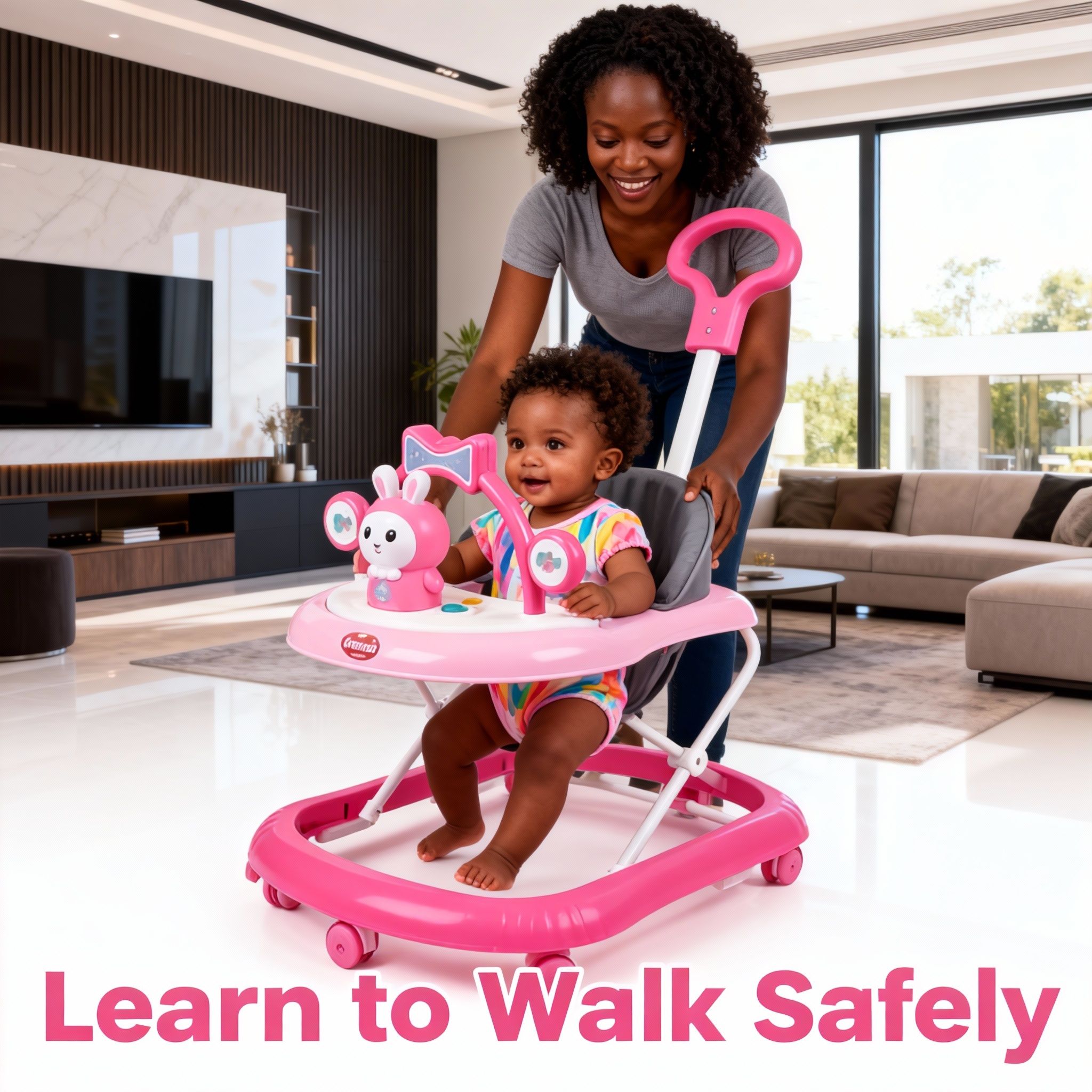 Momeasy 4-in-1 Baby Walker with Push Handle | Adjustable Height, Music & Activity Tray | Converts to Feeding Chair | Safe & Stable Infant Walker