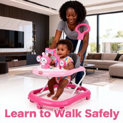 Momeasy 4-in-1 Baby Walker with Push Handle | Adjustable Height, Music & Activity Tray | Converts to Feeding Chair | Safe & Stable Infant Walker+FREE Batteries