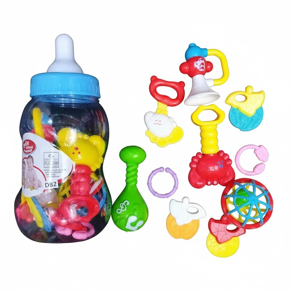 2-in-1 Baby Rattle & Teether Toy Set with Portable Storage Bank – Sensory Early Learning Gift for Infants (0-24 Months)