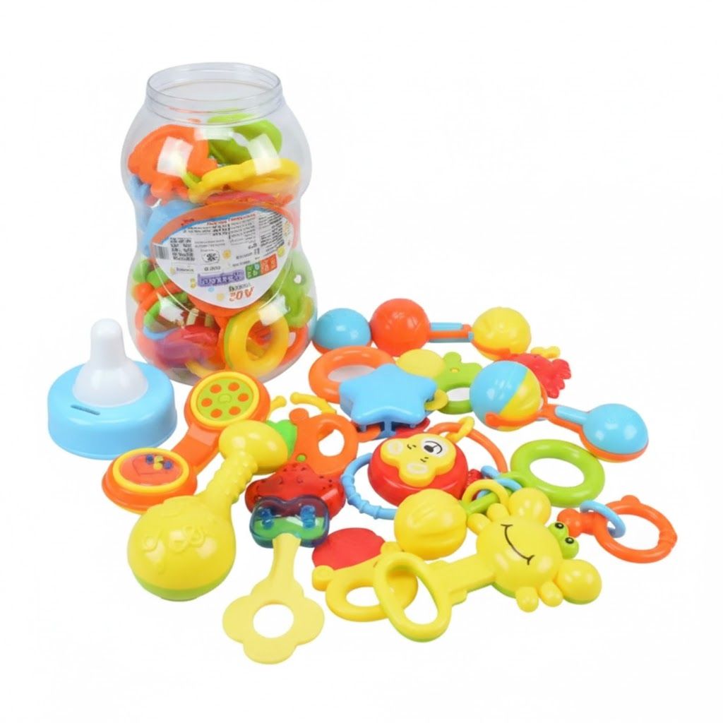 2-in-1 Baby Rattle & Teether Toy Set with Portable Storage Bank – Sensory Early Learning Gift for Infants (0-24 Months)