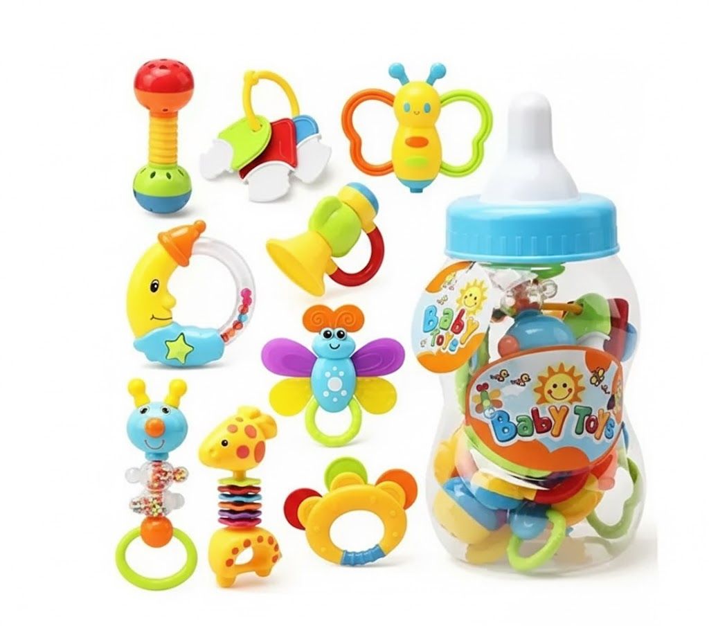 Baby Rattle & Teether Set with Large Bottle Storage – BPA-Free Sensory Development Toys for Newborns 0-24Months