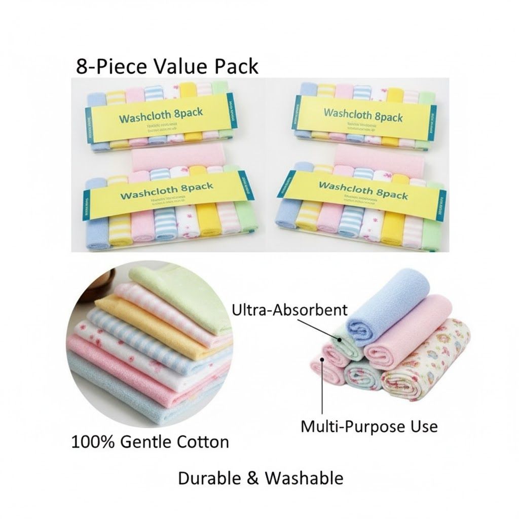 8Pcs Assorted Colors Infant Newborn Bath Towels & Wash Cloths – Ultra-Soft, Absorbent Cotton Baby Face Towels, Gentle on Sensitive Skin, Reusable & Durable Baby Essentials for Daily Use