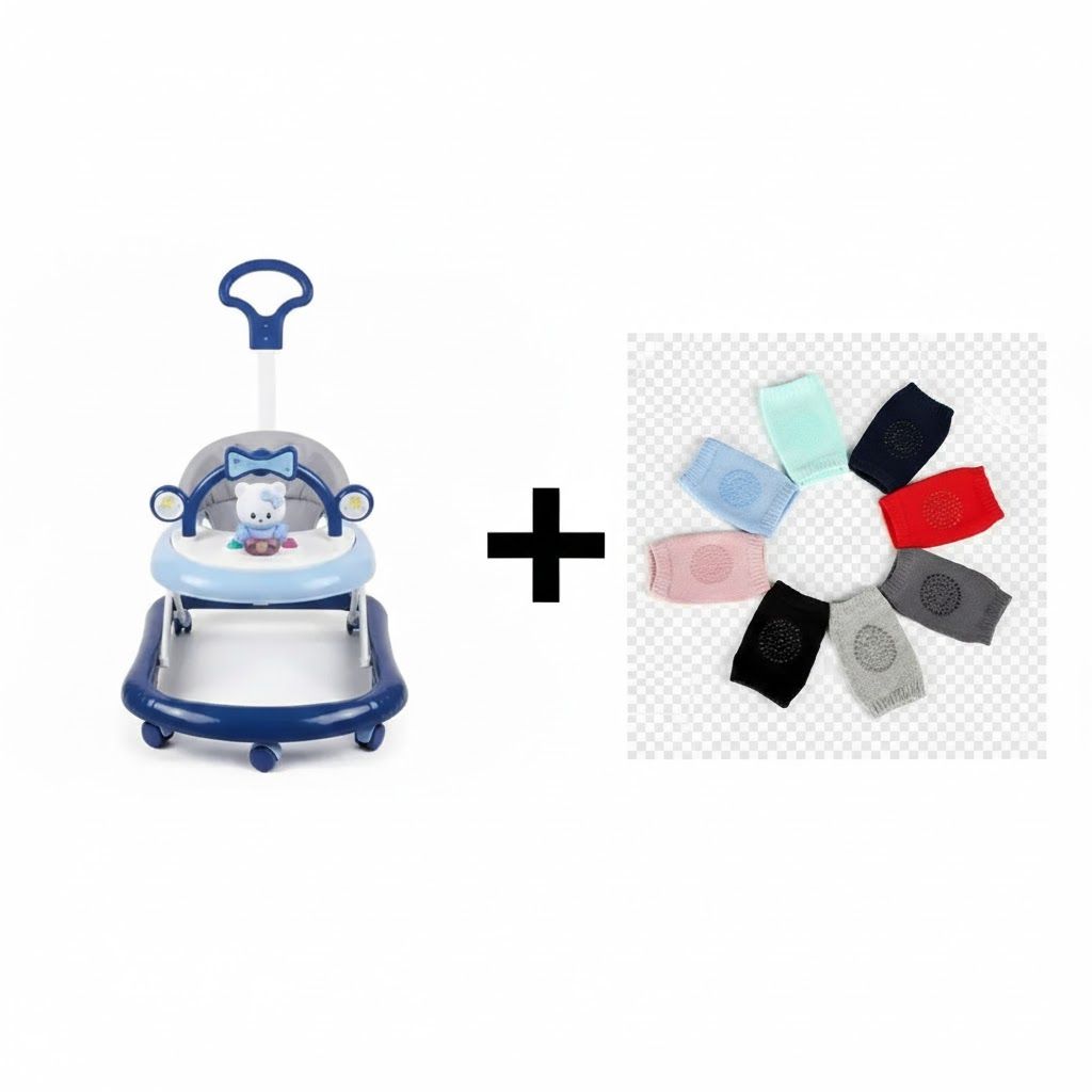 Adjustable Height Feeding & Walking Bundle:Momeasy 4-in-1 Baby Walker with Parental Push Handle & Music + FREE Anti-Slip Crawling Knee Pads