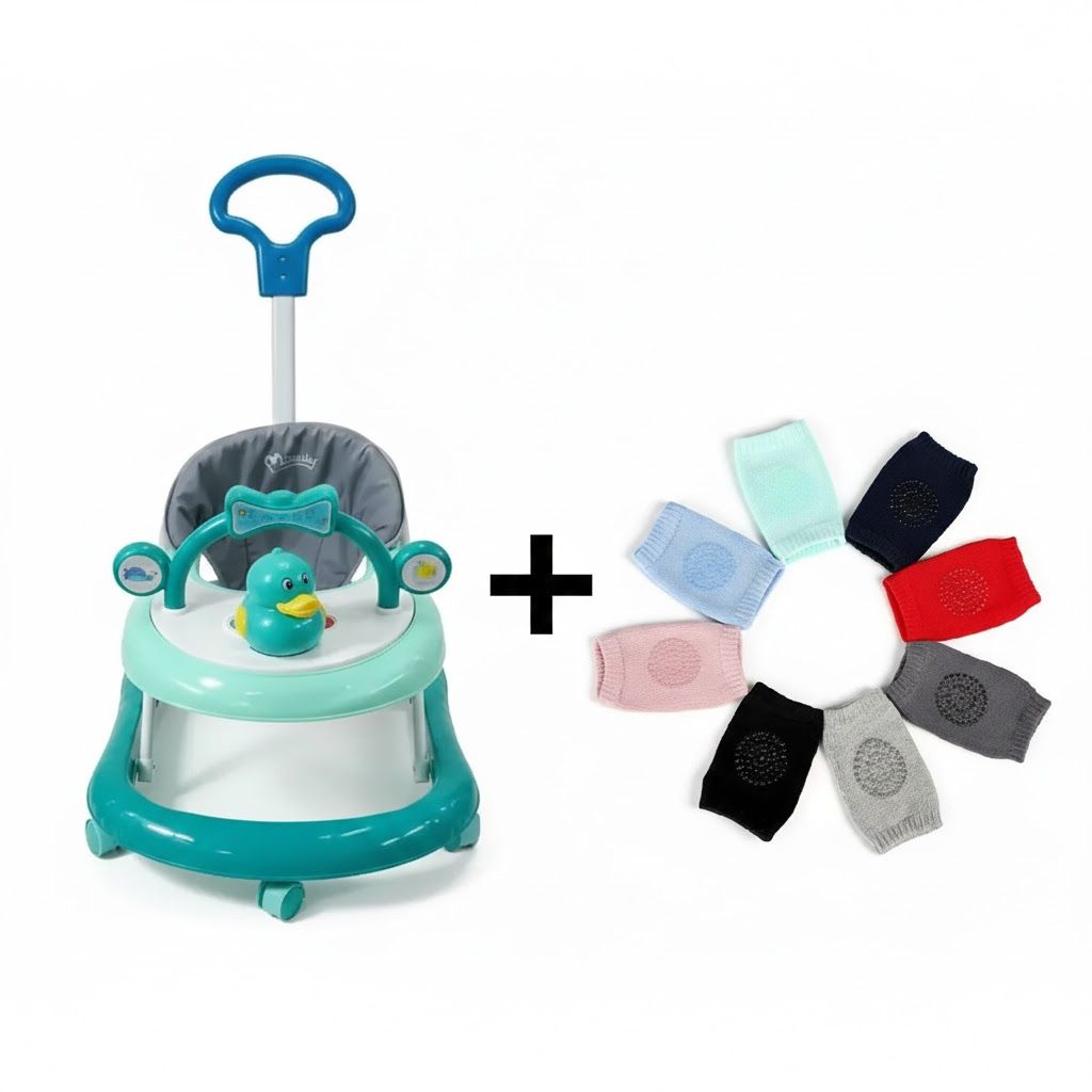 Adjustable Height Feeding & Walking Bundle:Momeasy 4-in-1 Baby Walker with Parental Push Handle & Music + FREE Anti-Slip Crawling Knee Pads