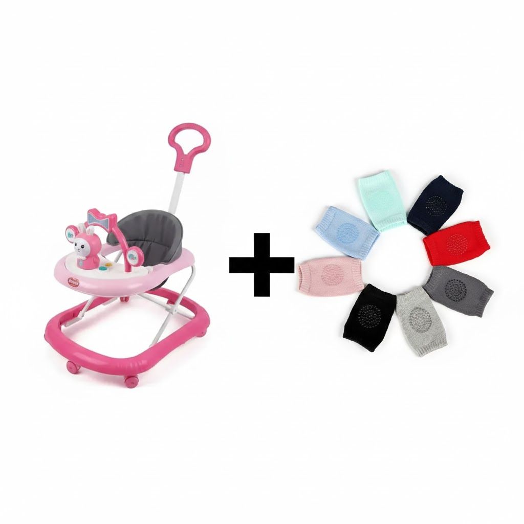 Adjustable Height Feeding & Walking Bundle:Momeasy 4-in-1 Baby Walker with Parental Push Handle & Music + FREE Anti-Slip Crawling Knee Pads