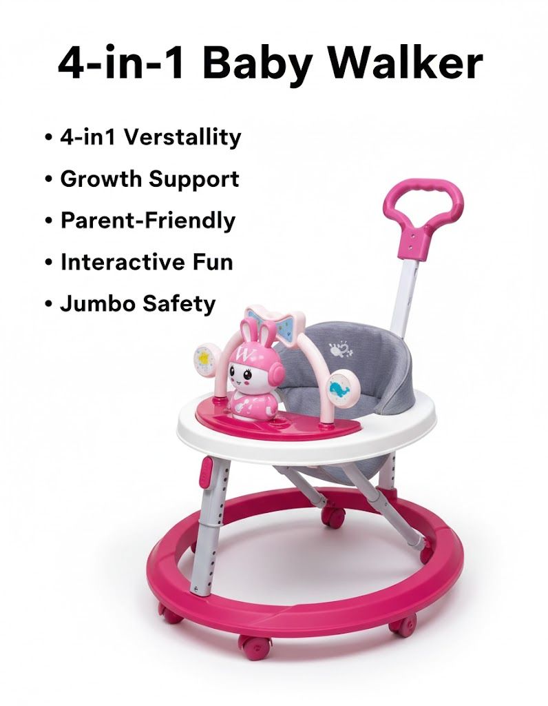Momeasy 4-in-1 Jumbo Baby Walker with Parent Push Handle | Height Adjustable | Musical Activity Center & Feeding Tray | Extra-Wide Safety Frame (Bigger Size)