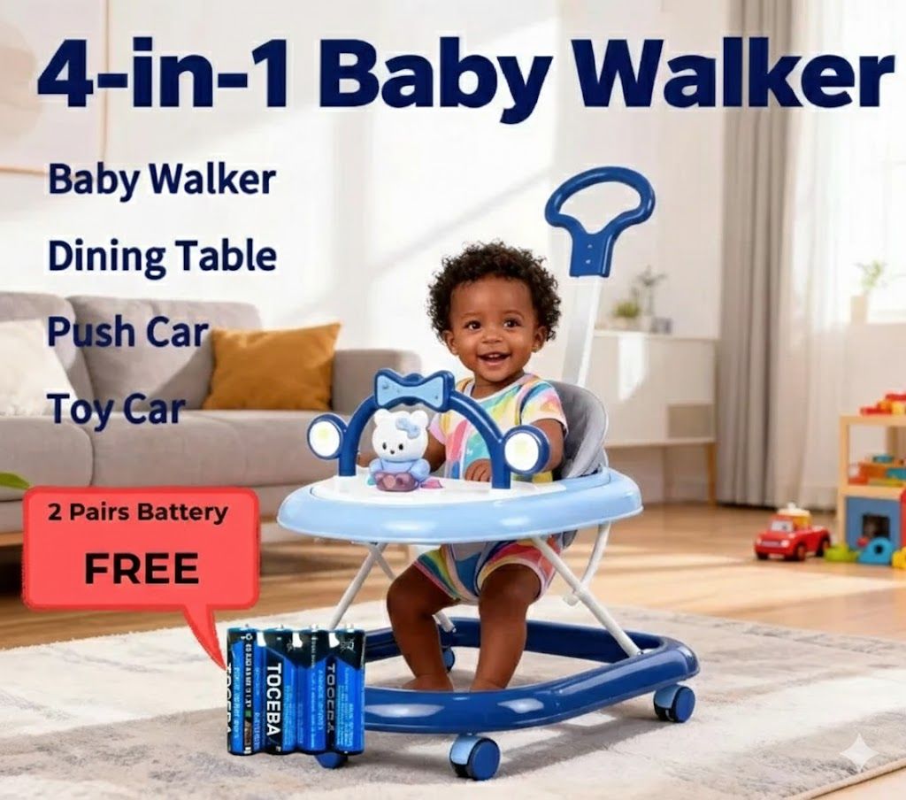 Momeasy 4-in-1 Baby Walker with Push Handle | Adjustable Height, Music & Activity Tray | Converts to Feeding Chair | Safe & Stable Infant Walker+FREE Batteries