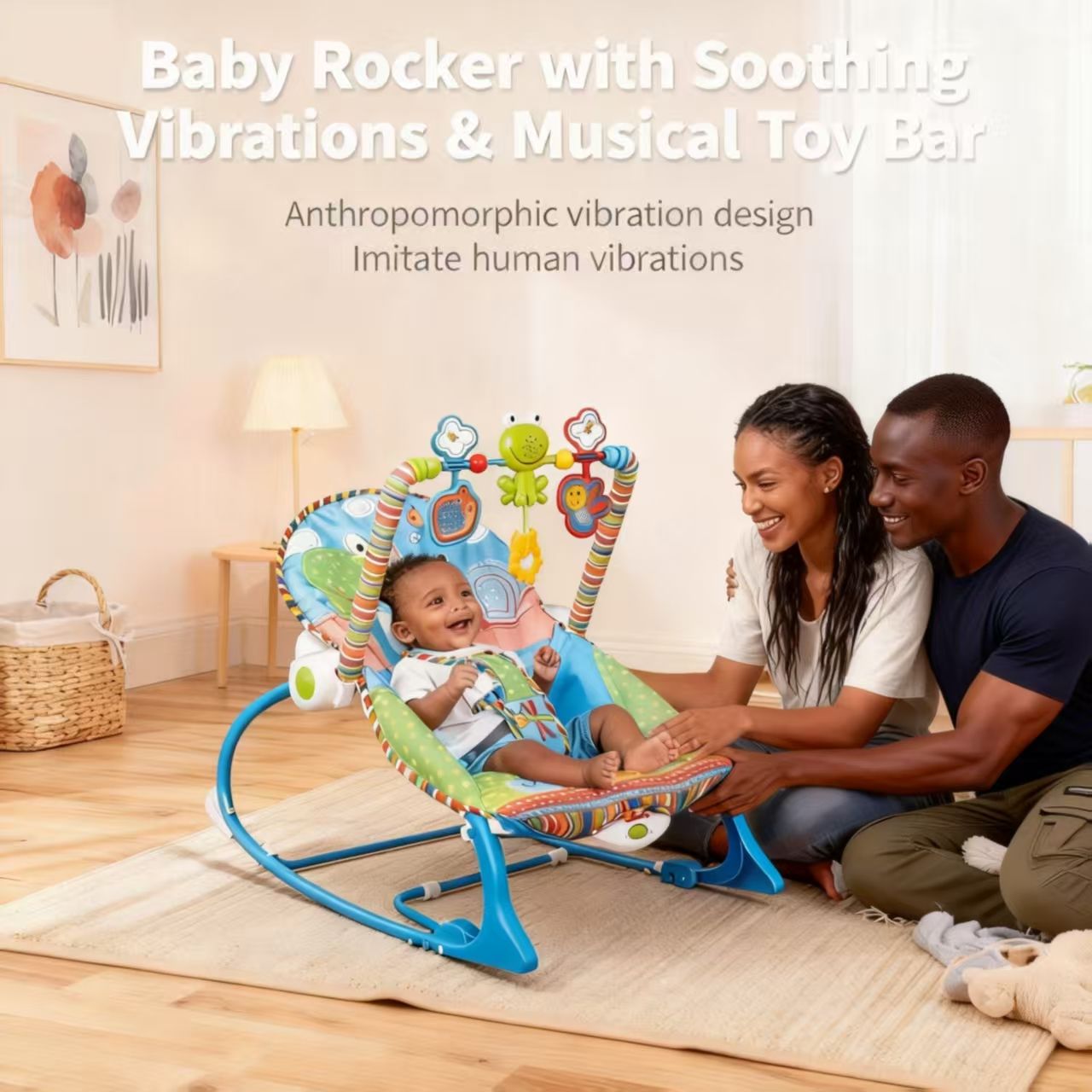 Infant to Toddler Baby Rocker with Soothing Vibrations & Musical Toy Bar – Adjustable Feeding & Sleeping Chair for Newborns to Toddlers (Blue/Pink)