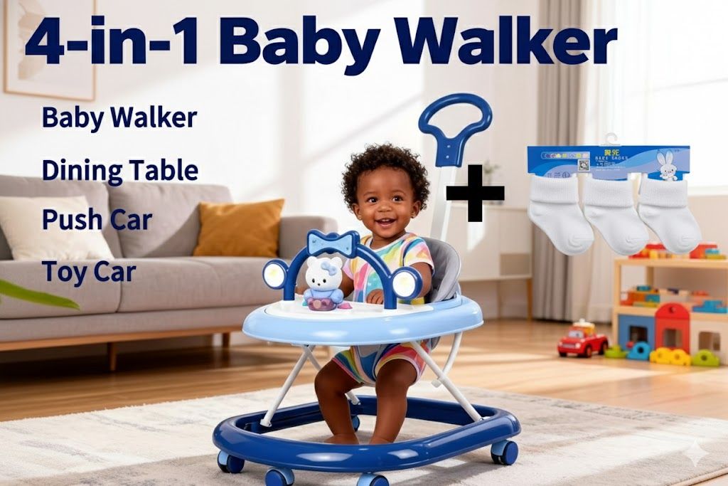 -Adjustable Feeding & Walking Chair Bundle:Momeasy 4-in-1 Baby Walker with Push Handle & Music + 3 Pairs Premium Cotton Socks