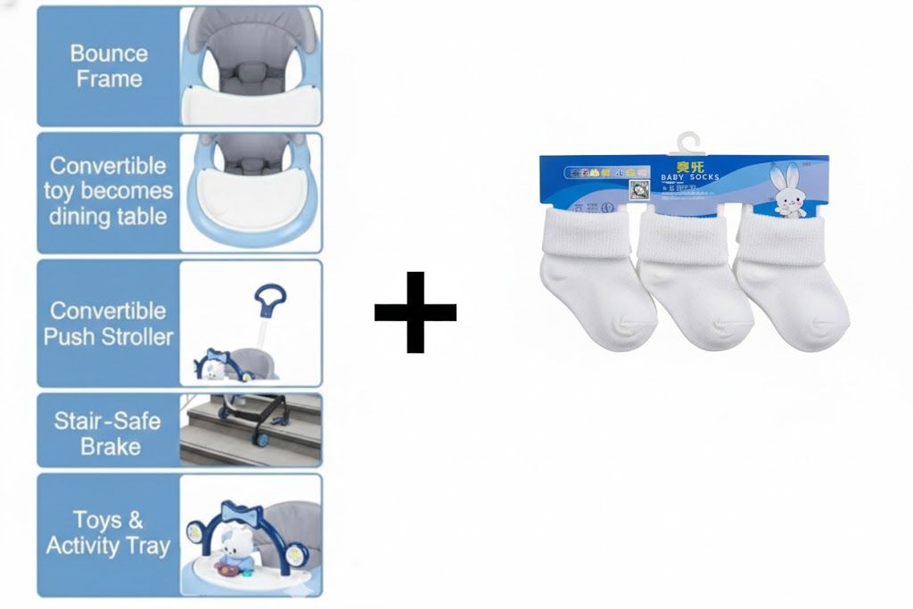 -Adjustable Feeding & Walking Chair Bundle:Momeasy 4-in-1 Baby Walker with Push Handle & Music + 3 Pairs Premium Cotton Socks