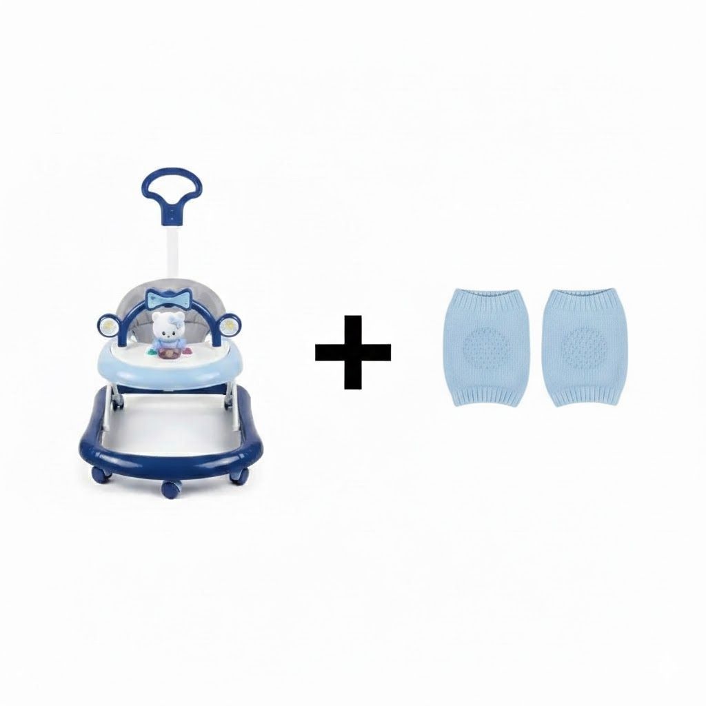 Adjustable Height Feeding & Walking Bundle:Momeasy 4-in-1 Baby Walker with Parental Push Handle & Music + FREE Anti-Slip Crawling Knee Pads