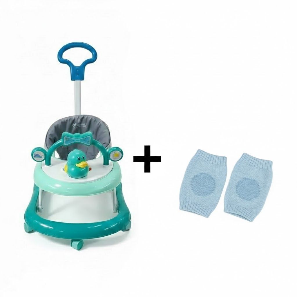 Adjustable Height Feeding & Walking Bundle:Momeasy 4-in-1 Baby Walker with Parental Push Handle & Music + FREE Anti-Slip Crawling Knee Pads