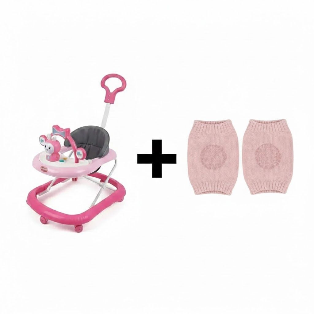 Adjustable Height Feeding & Walking Bundle:Momeasy 4-in-1 Baby Walker with Parental Push Handle & Music + FREE Anti-Slip Crawling Knee Pads