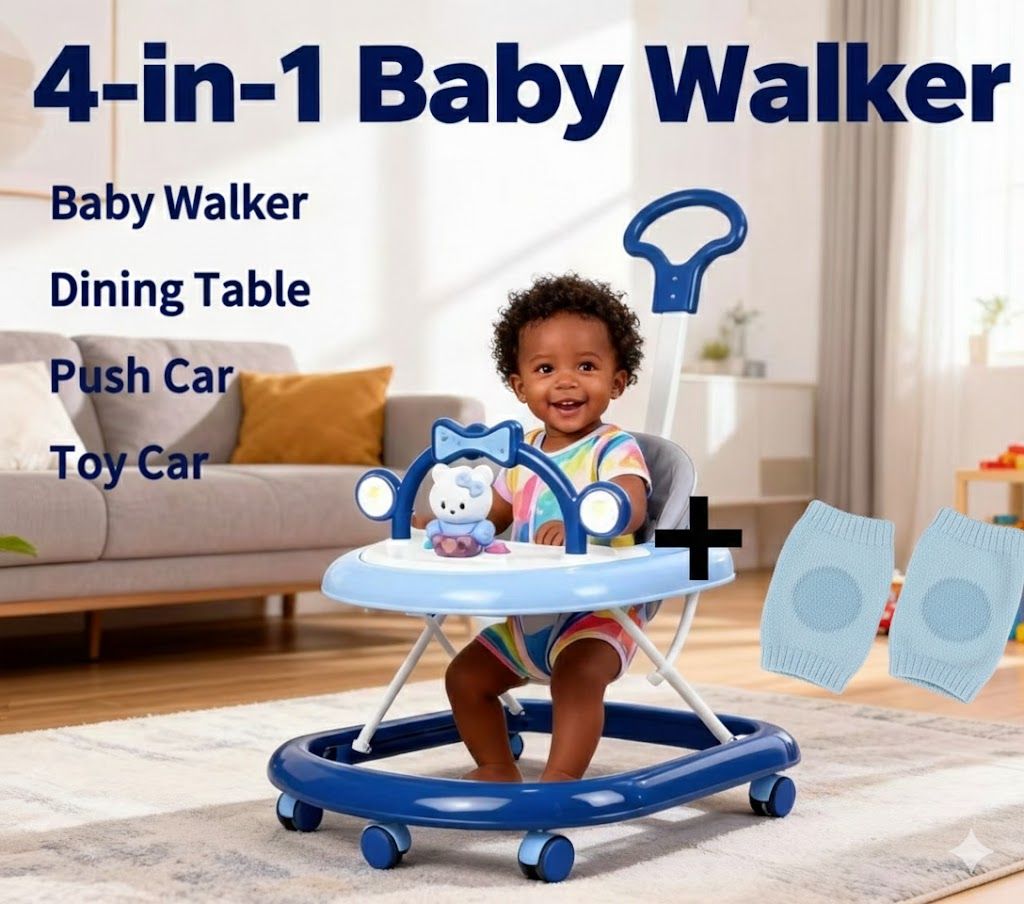 Adjustable Height Feeding & Walking Bundle:Momeasy 4-in-1 Baby Walker with Parental Push Handle & Music + FREE Anti-Slip Crawling Knee Pads
