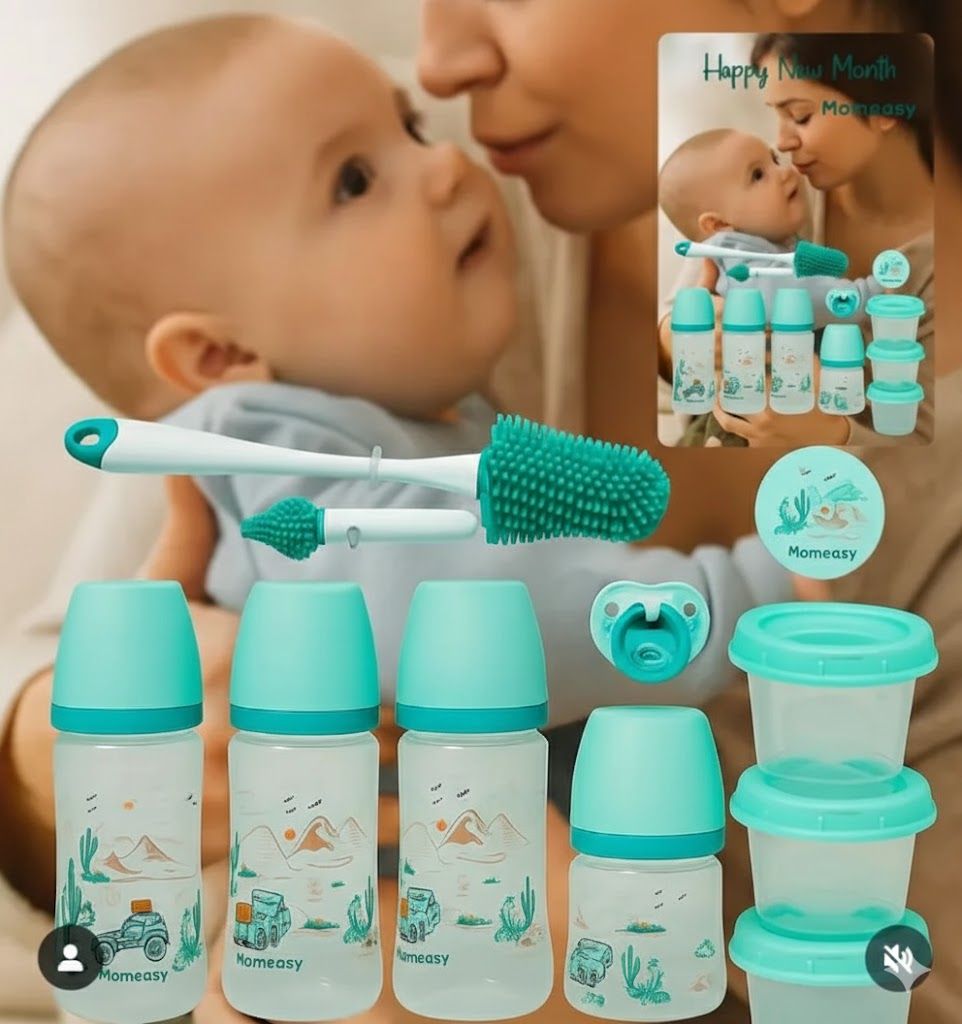 Momeasy 11-Pc Newborn Baby Feeding Essentials Gift Set – BPA-Free Anti-Colic Bottles, Silicone Cleaning Brushes & Storage Containers