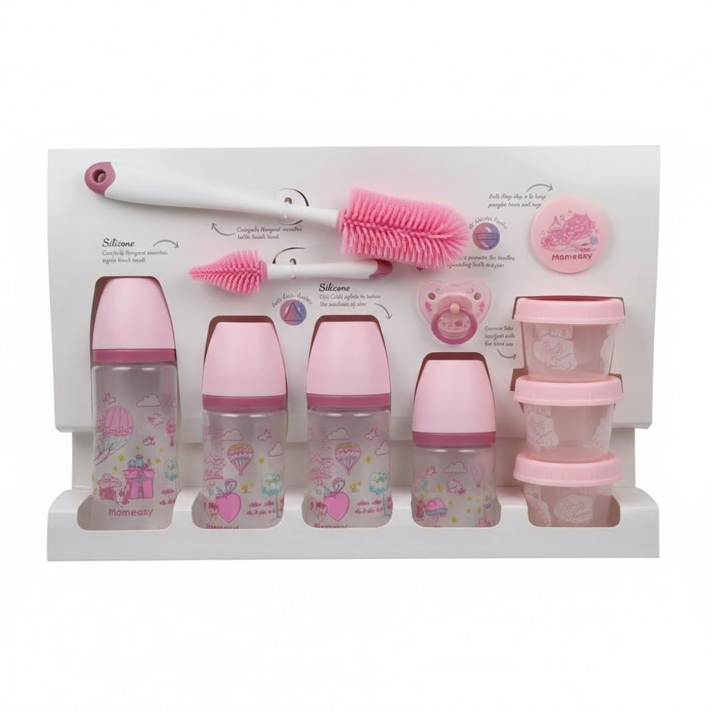 Momeasy 11-Pc Newborn Baby Feeding Essentials Gift Set – BPA-Free Anti-Colic Bottles, Silicone Cleaning Brushes & Storage Containers