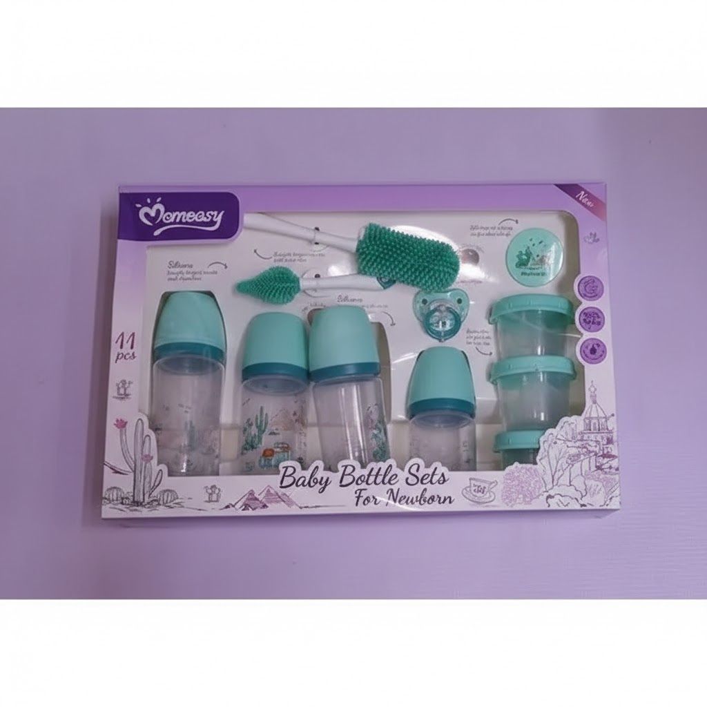 Momeasy 11-Pc Newborn Baby Feeding Essentials Gift Set – BPA-Free Anti-Colic Bottles, Silicone Cleaning Brushes & Storage Containers