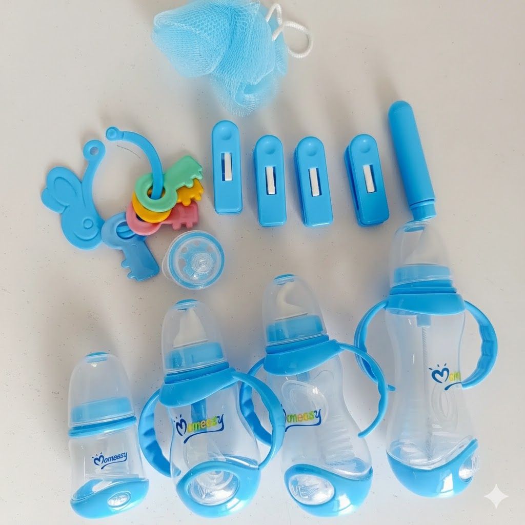 Momeasy 15-Piece Newborn Baby Essentials Starter Set – BPA-Free Feeding Bottles, Soothing Toys & Complete Hygiene Kit