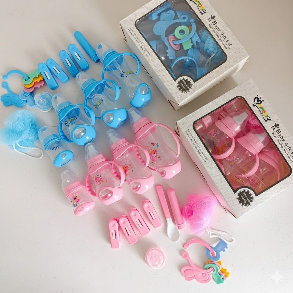 Momeasy 15-Piece Newborn Baby Essentials Starter Set – BPA-Free Feeding Bottles, Soothing Toys & Complete Hygiene Kit