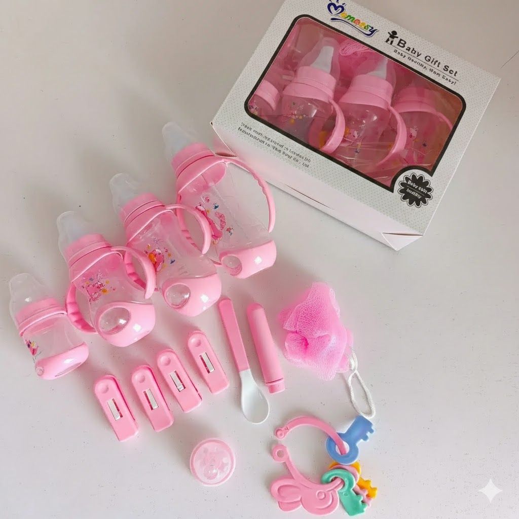 Momeasy 15-Piece Newborn Baby Essentials Starter Set – BPA-Free Feeding Bottles, Soothing Toys & Complete Hygiene Kit