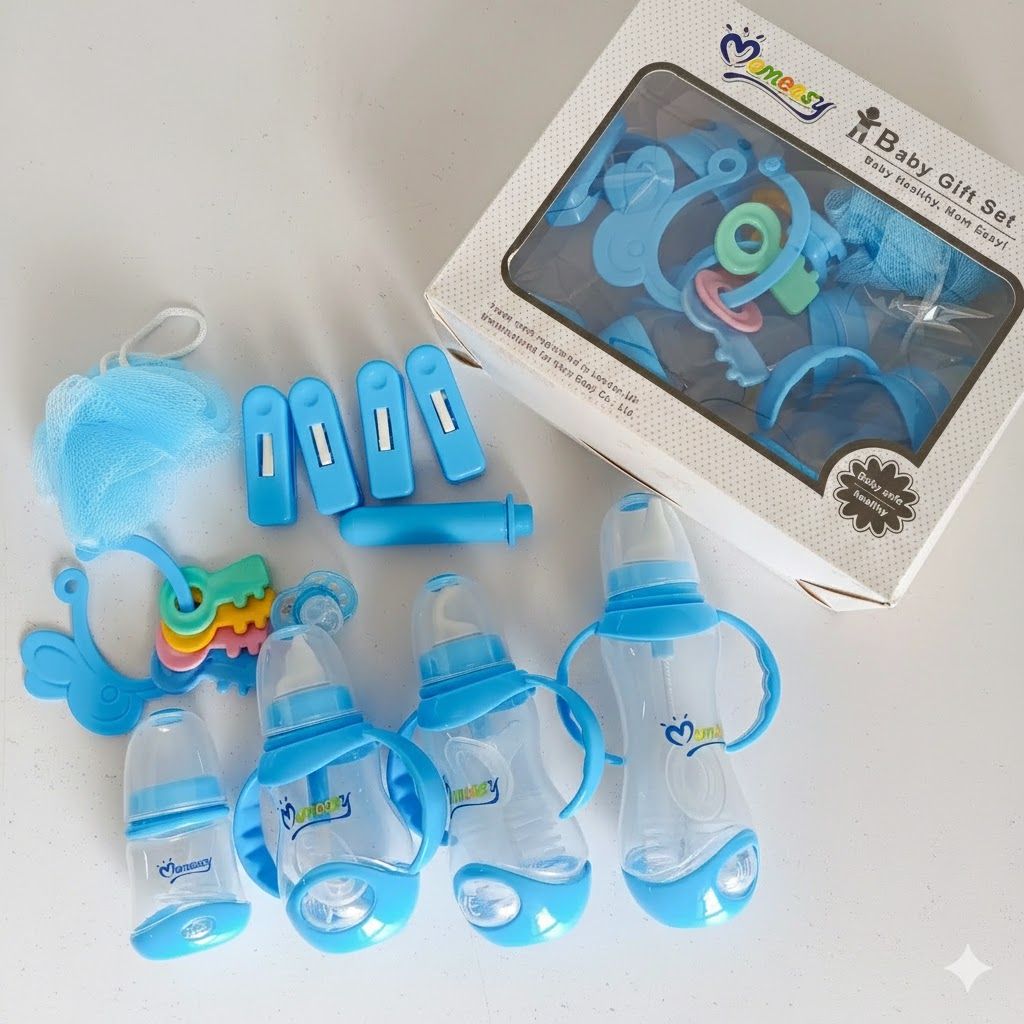 Momeasy 15-Piece Newborn Baby Essentials Starter Set – BPA-Free Feeding Bottles, Soothing Toys & Complete Hygiene Kit