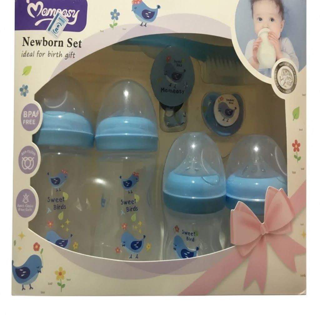 Momeasy 7-Pcs Newborn Baby Feeding Starter Set: Anti-Colic Bottles, BPA-Free, Pacifier & Brush (0-24 Months)