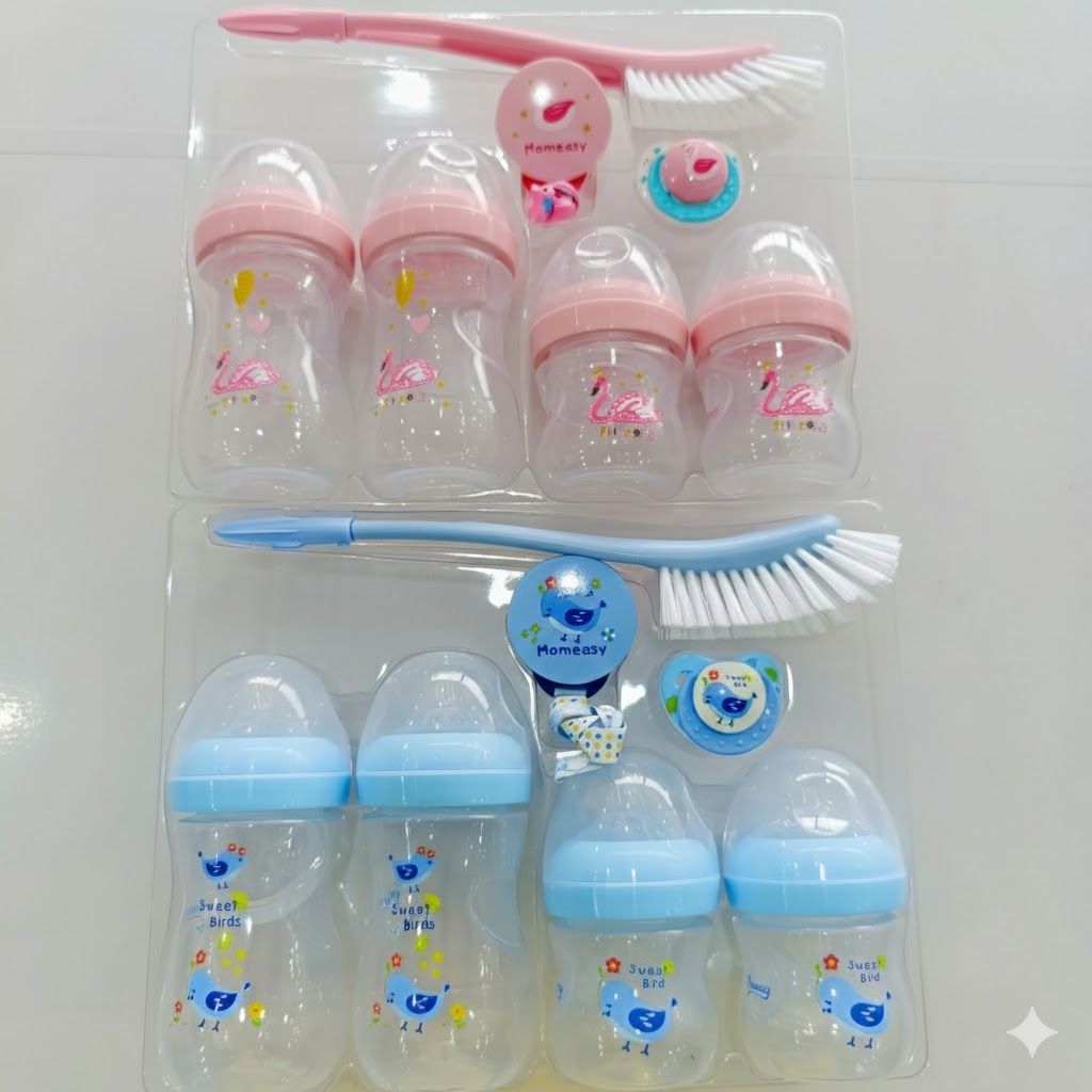 Momeasy 7-Pcs Newborn Baby Feeding Starter Set: Anti-Colic Bottles, BPA-Free, Pacifier & Brush (0-24 Months)