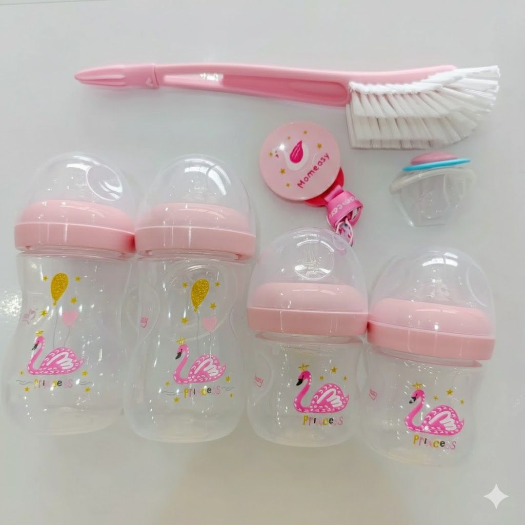 Momeasy 7-Pcs Newborn Baby Feeding Starter Set: Anti-Colic Bottles, BPA-Free, Pacifier & Brush (0-24 Months)
