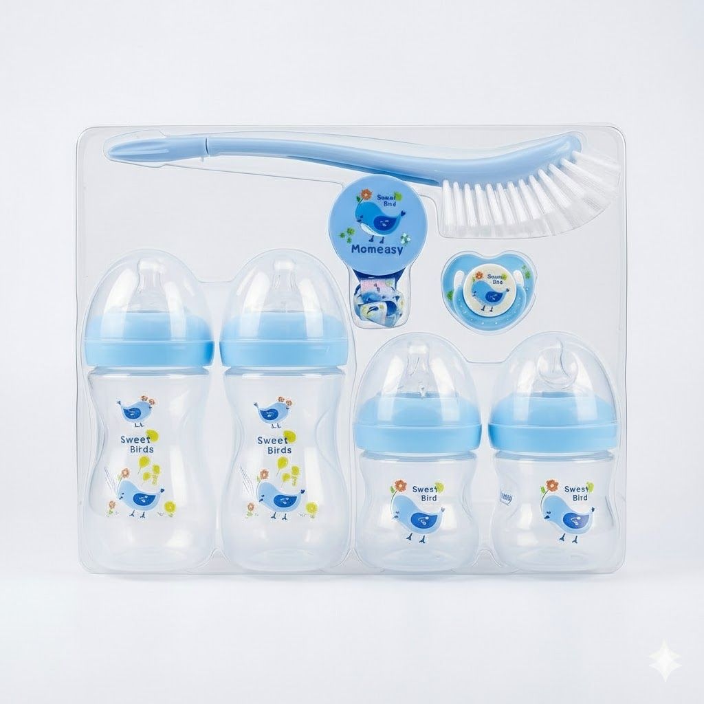 Momeasy 7-Pcs Newborn Baby Feeding Starter Set: Anti-Colic Bottles, BPA-Free, Pacifier & Brush (0-24 Months)