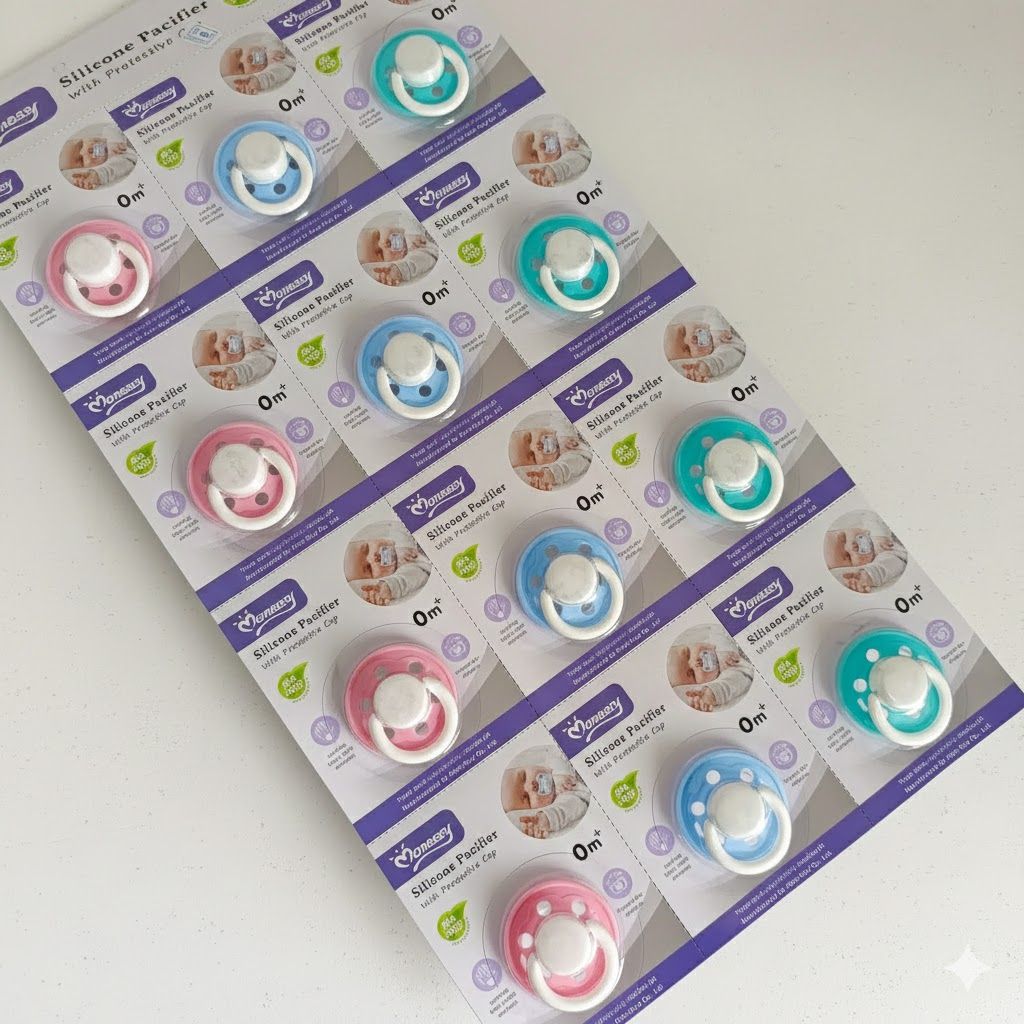 Momeasy Ergonomic Baby Silicone Pacifier with Protective Cap - 3-in-1 Soother, Teether & Teething Pacifier - Soft & Anti-Irritation