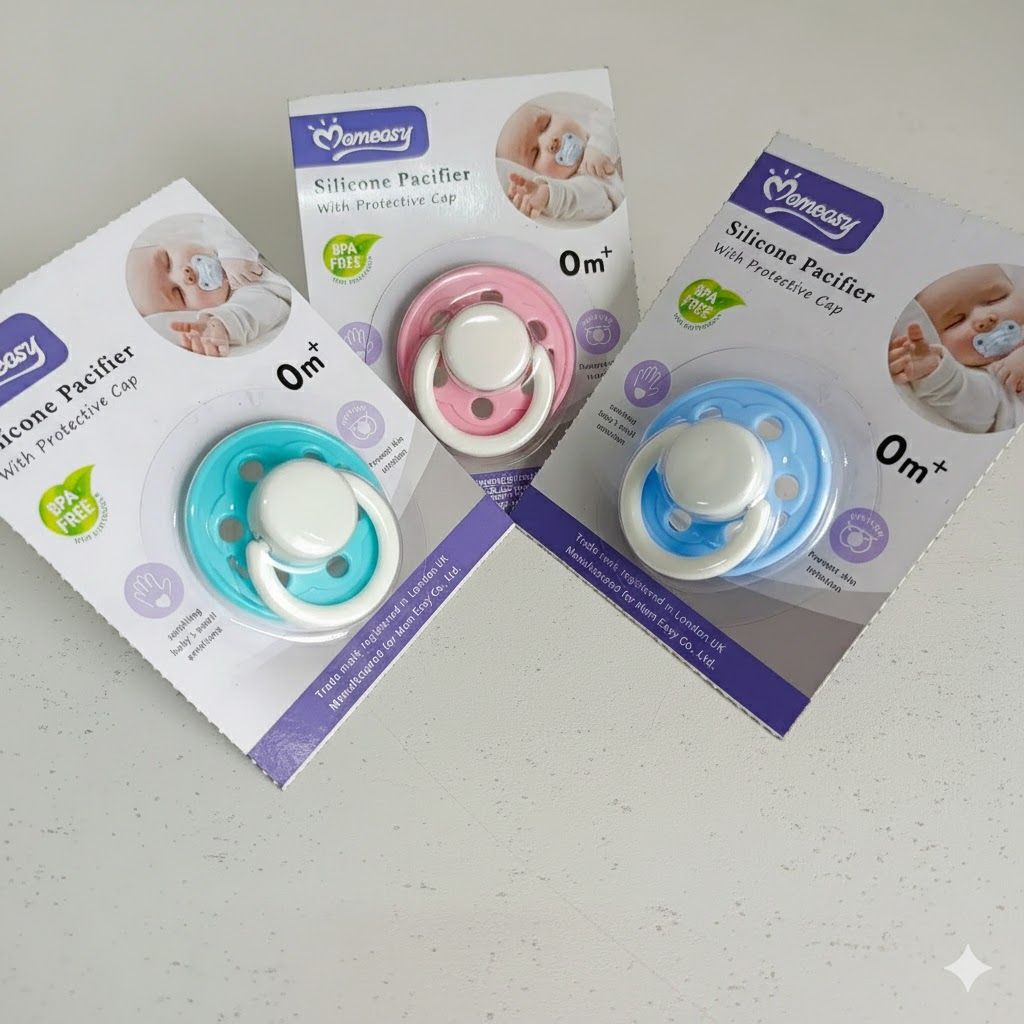 Momeasy Ergonomic Baby Silicone Pacifier with Protective Cap - 3-in-1 Soother, Teether & Teething Pacifier - Soft & Anti-Irritation