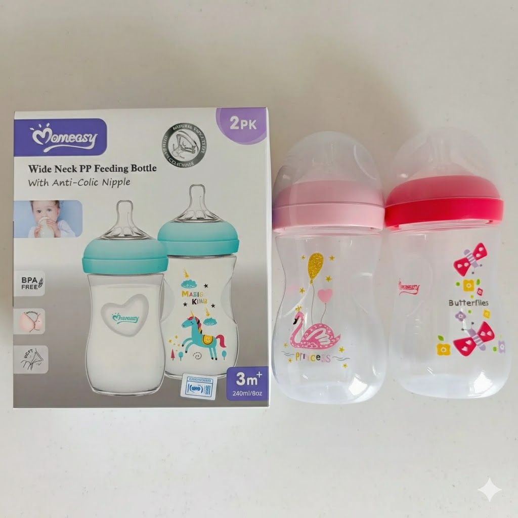 Momeasy 2-Pack Wide Neck Baby Feeding Bottles - 240ml/8oz - Anti-Colic & BPA-Free - Natural Feel Silicone Nipple