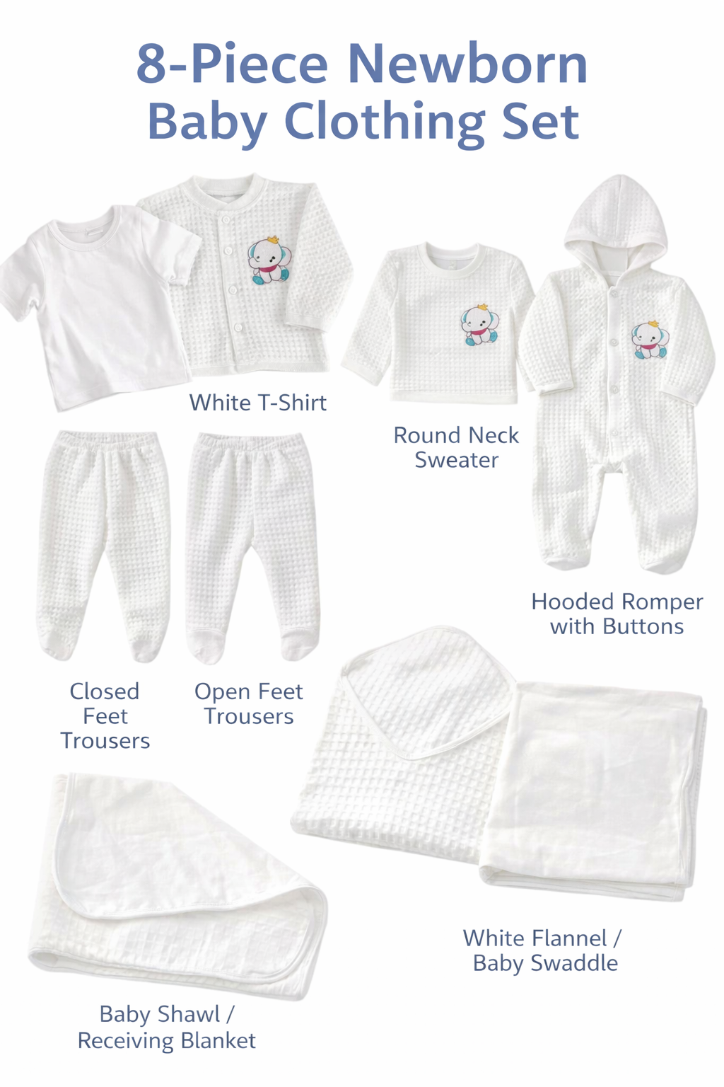 8PCS Newborn Baby Cotton Receiving Set | Soft, Warm & Comfortable Clothes with Cartoon Prints | 0–9 Months, Unisex Baby Outfit