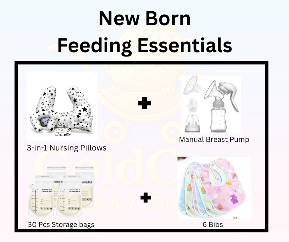 Newborn Feeding Essentials Bundle – 3-in-1 Nursing Pillow, Manual Breast Pump, 30-Pack Milk Storage Bags & 6 Drool Bibs