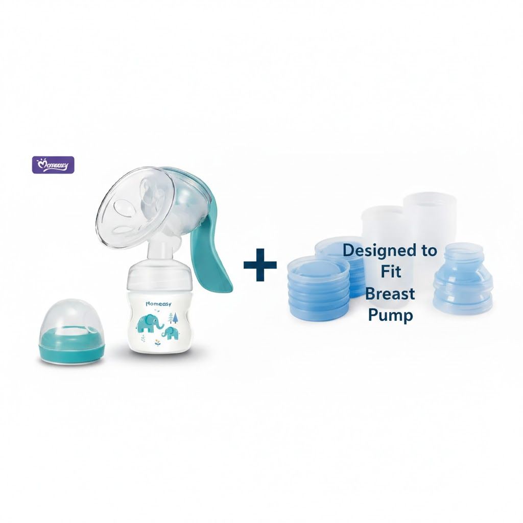 Momeasy Manual Breast Pump + 6-Pack Storage Cups (180ml) – BPA-Free Silent Portable Feeding Bundle