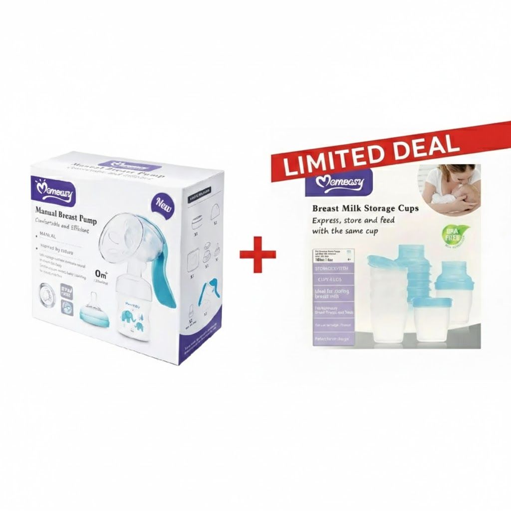 Momeasy Manual Breast Pump + 6-Pack Storage Cups (180ml) – BPA-Free Silent Portable Feeding Bundle