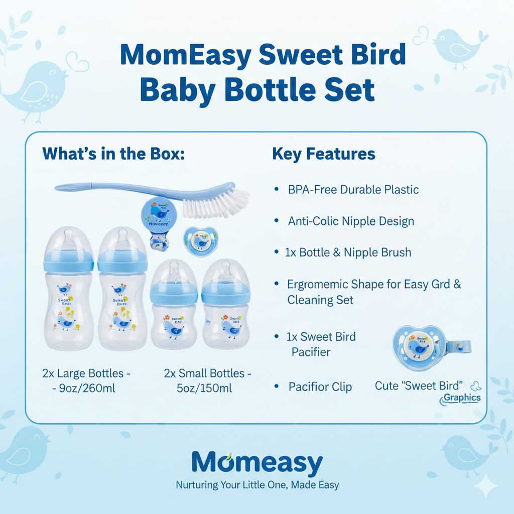 Momeasy 7-Pcs Newborn Baby Feeding Starter Set: Anti-Colic Bottles, BPA-Free, Pacifier & Brush (0-24 Months)