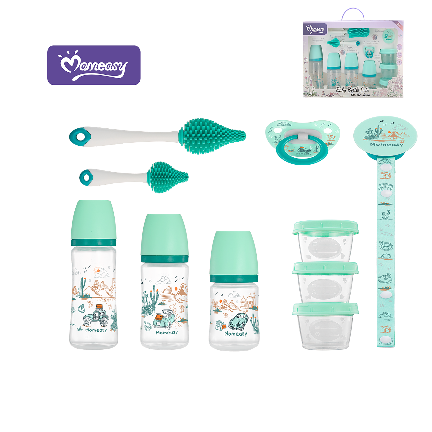 Momeasy 11-Pc Newborn Baby Feeding Essentials Gift Set – BPA-Free Anti-Colic Bottles, Silicone Cleaning Brushes & Storage Containers