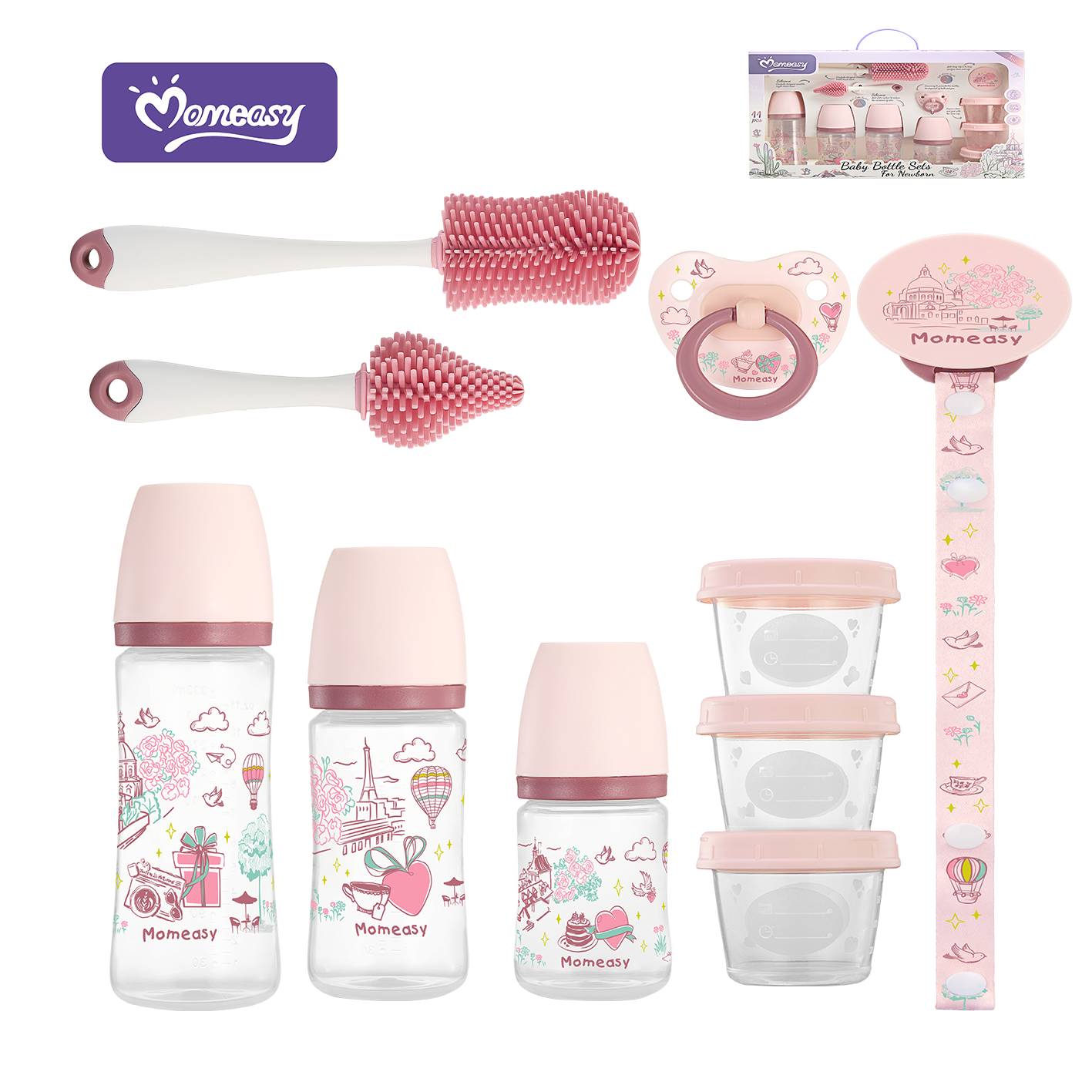 Momeasy 11-Pc Newborn Baby Feeding Essentials Gift Set – BPA-Free Anti-Colic Bottles, Silicone Cleaning Brushes & Storage Containers