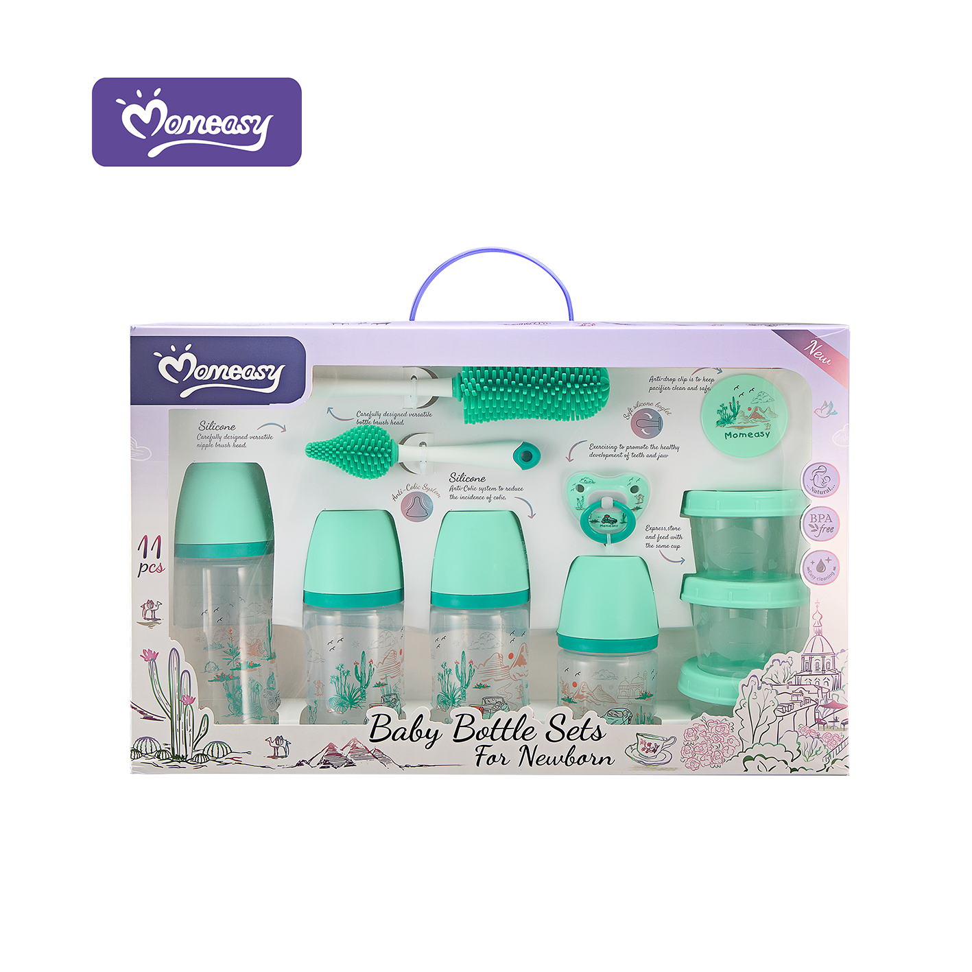 Momeasy 11-Pc Newborn Baby Feeding Essentials Gift Set – BPA-Free Anti-Colic Bottles, Silicone Cleaning Brushes & Storage Containers