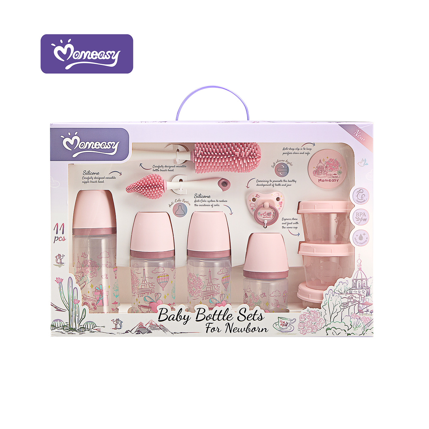 Momeasy 11-Pc Newborn Baby Feeding Essentials Gift Set – BPA-Free Anti-Colic Bottles, Silicone Cleaning Brushes & Storage Containers