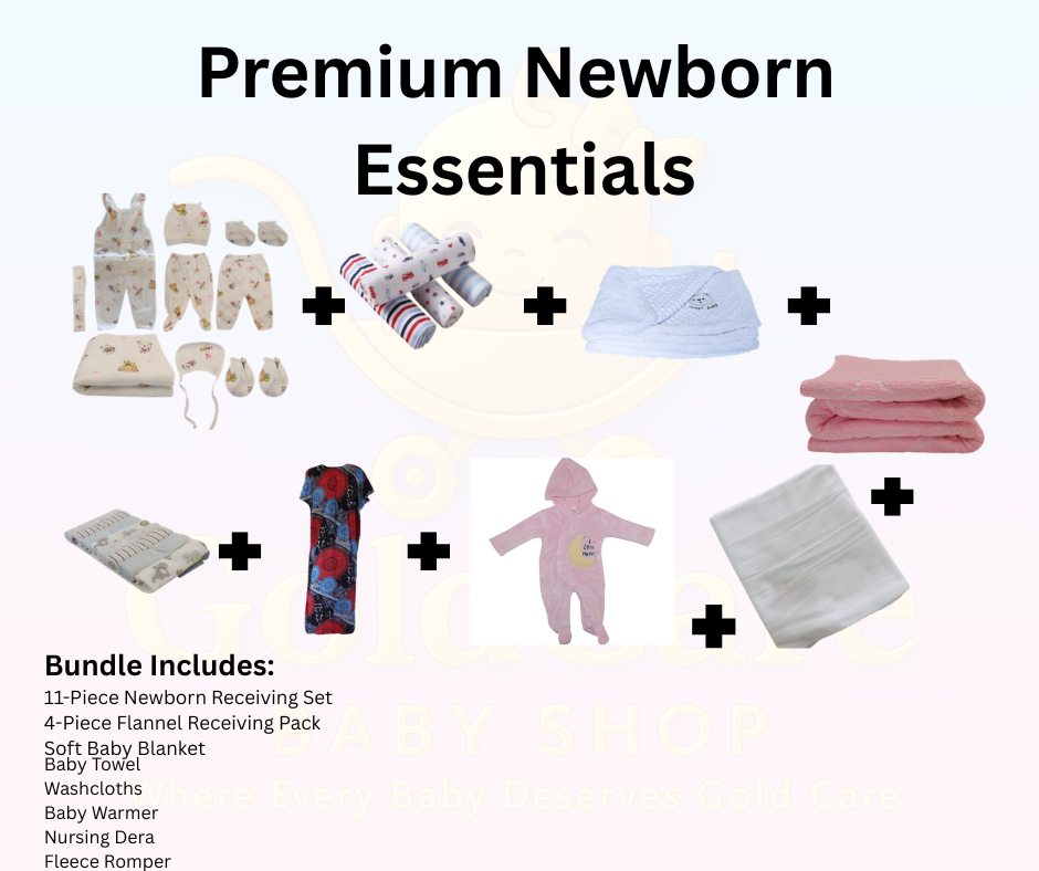 Premium Newborn Baby Essentials Bundle – 4pc Flannel Set, 11pc Receiving Set, Blanket, Towel, Washcloths, Warmer, Nursing Dera & Fleece Romper