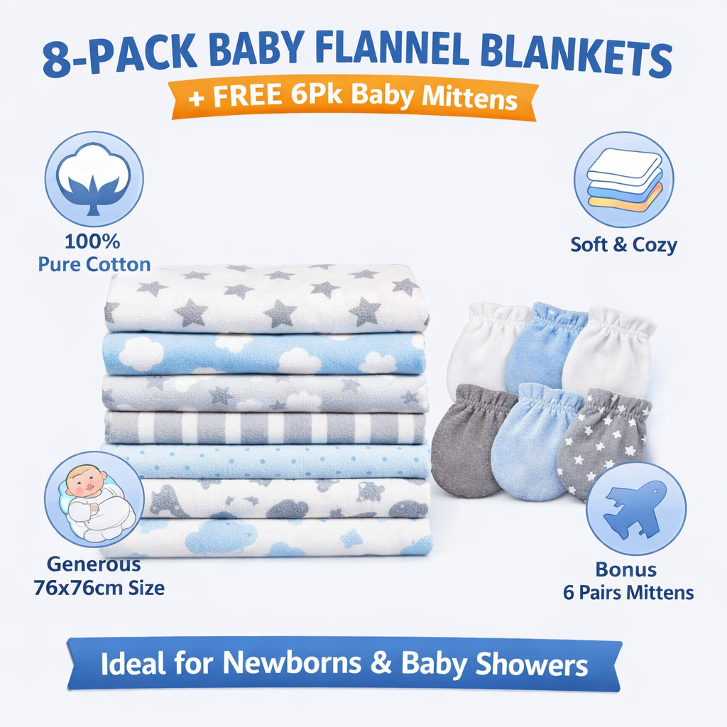 8Pack Baby Flannels Pure Cotton Receiving Blankets + FREE 6Pk Mittens | Soft Newborn Shawls, Multi-Purpose Baby Wraps, Breathable & Gentle Blankets for Infants & Toddlers