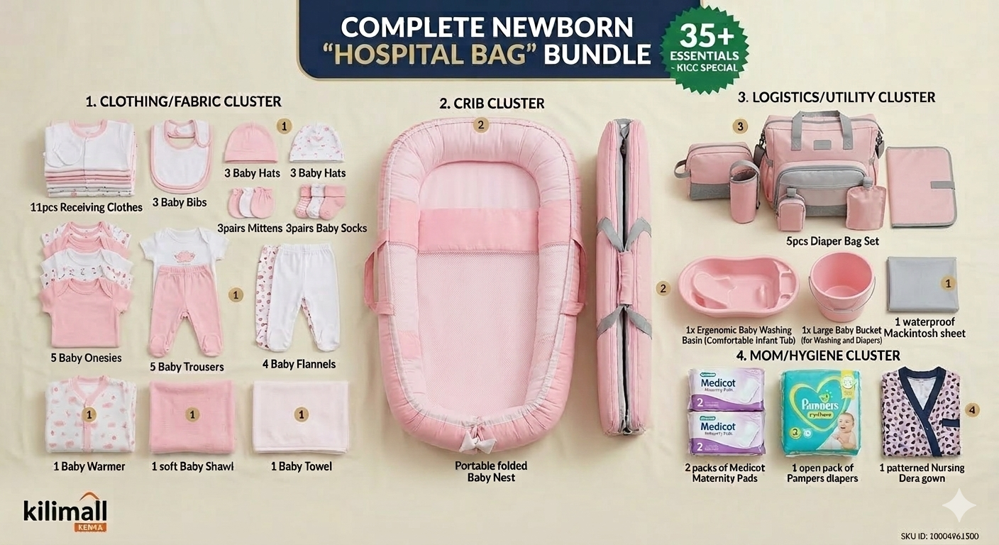 Complete 35-in-1 Newborn Hospital Bag Essentials Bundle - Portable Baby Nest, 5-in-1 Diaper Bag, Basin & 20+ Clothing Items (Prints May Vary)