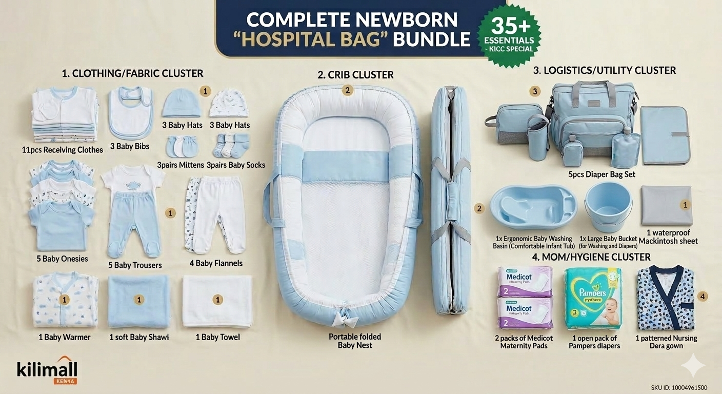 Complete 35-in-1 Newborn Hospital Bag Essentials Bundle - Portable Baby Nest, 5-in-1 Diaper Bag, Basin & 20+ Clothing Items (Prints May Vary)