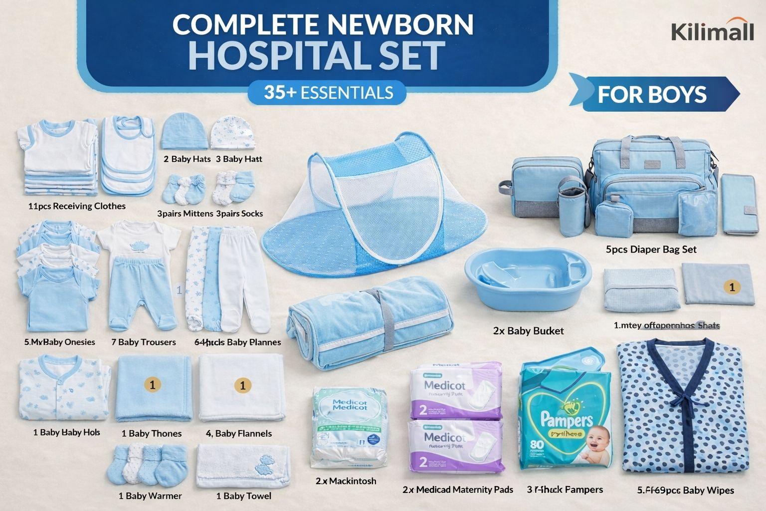 Complete 35-in-1 Newborn Hospital Bag Essentials Bundle - Portable Baby Nest, 5-in-1 Diaper Bag, Basin & 20+ Clothing Items (Prints May Vary)